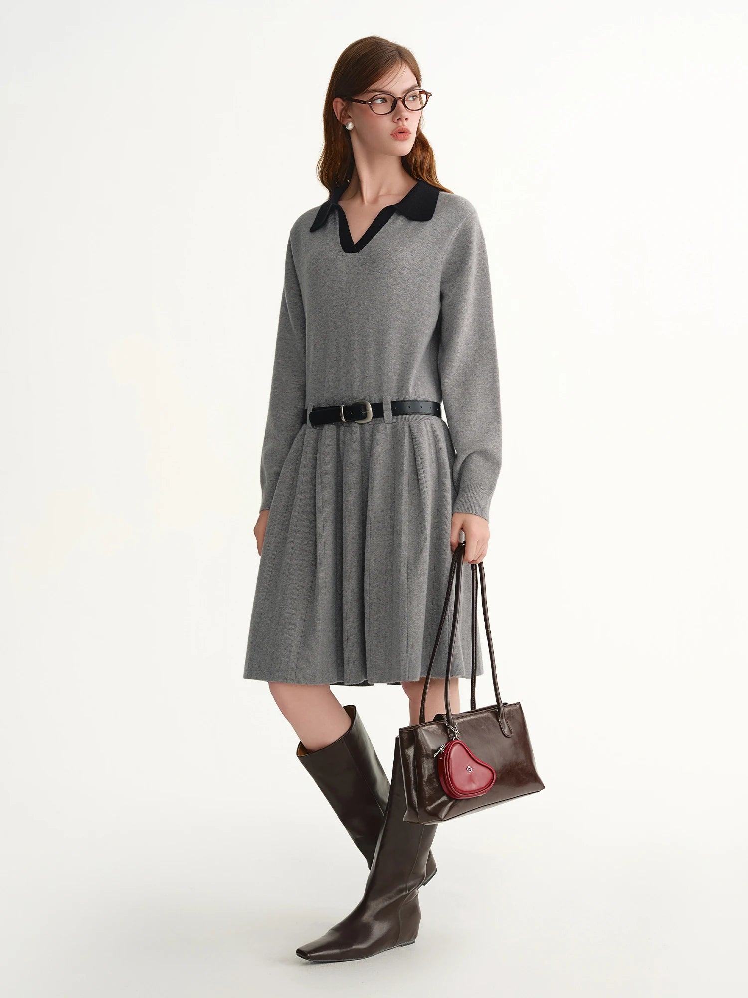 DUSHU Plus-Size Women's Elegant Sequence Bold Color Clash V-Neckline Deconstructed Knit Dress Winter 2025 New Arrival Grey Dress