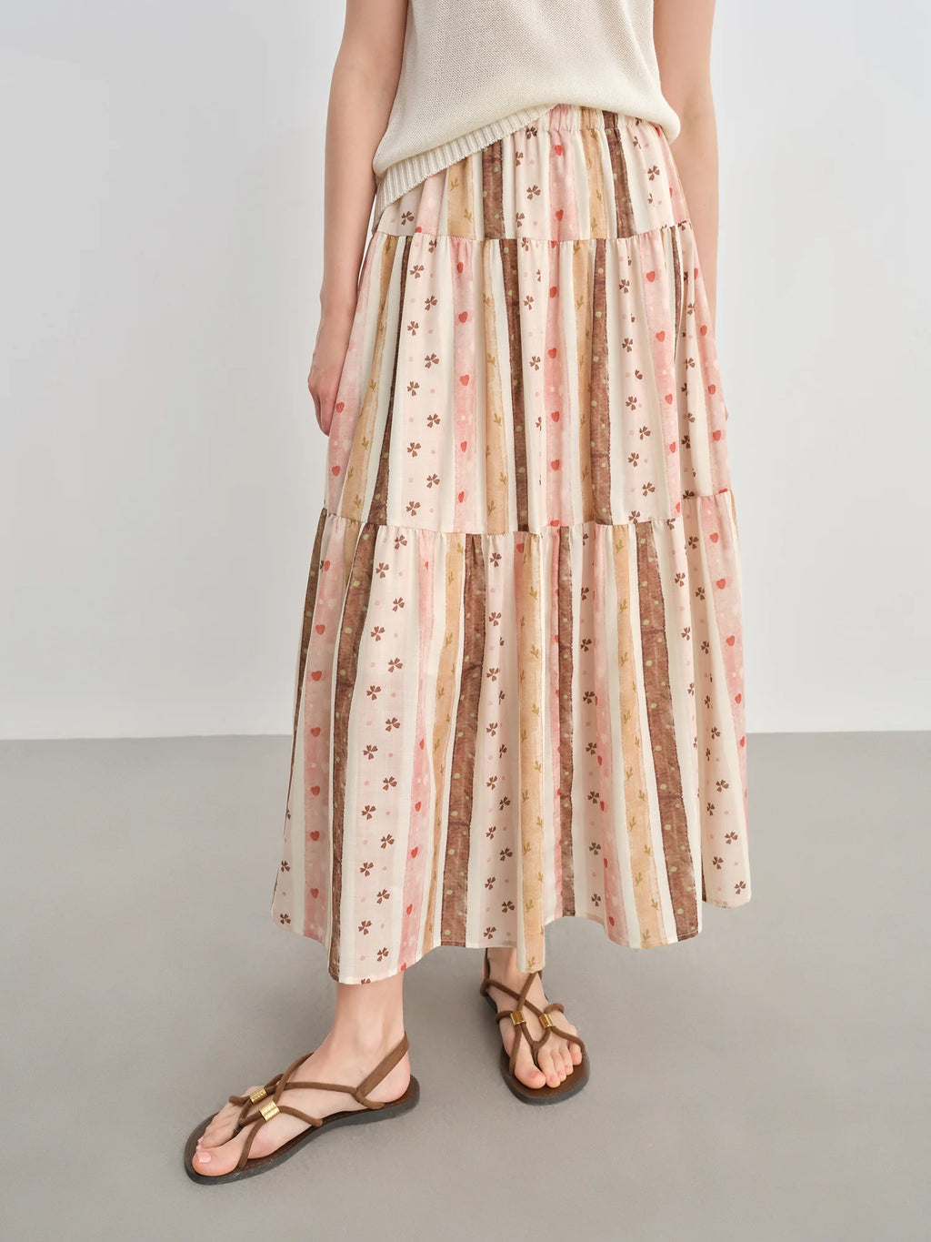 DUSHU Plus-Size Women's Empire-Waisted Floral Print A-Line Cotton Skirt - Summer 2025 New Style Slimming Design Skirt 25DS82576