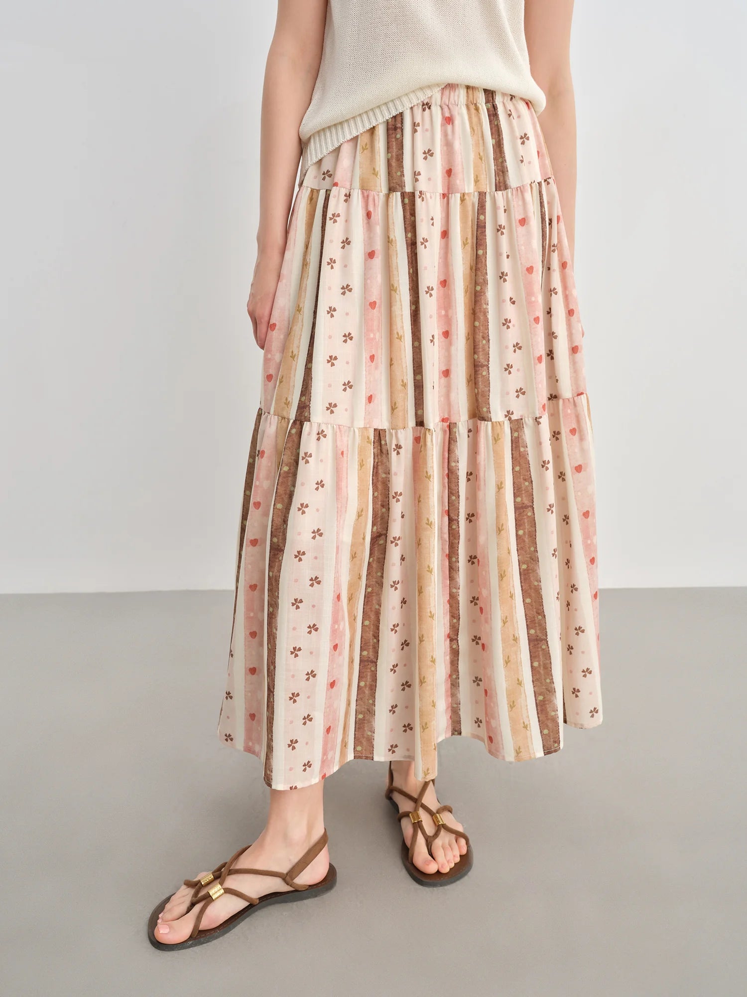 DUSHU Plus-Size Women's Empire-Waisted Floral Print A-Line Cotton Skirt - Summer 2025 New Style Slimming Design Skirt 25DS82576