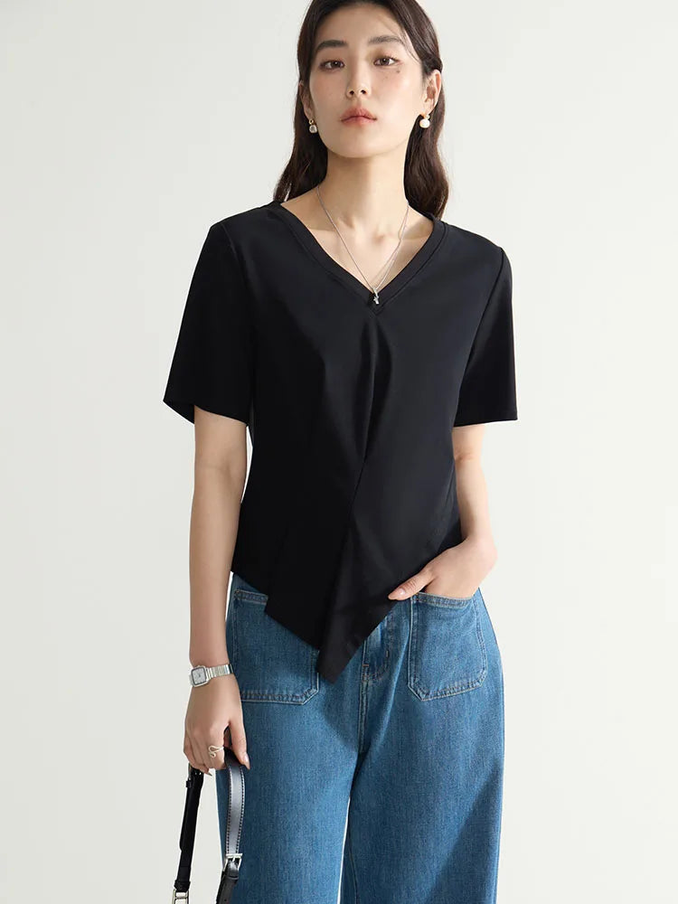 DUSHU 【4 colors】V-Neck Women Cotton Black Short Sleeve Tees Round Neck Front Shoulder White Pleated T-Shirts 24DS82342+24DS82496