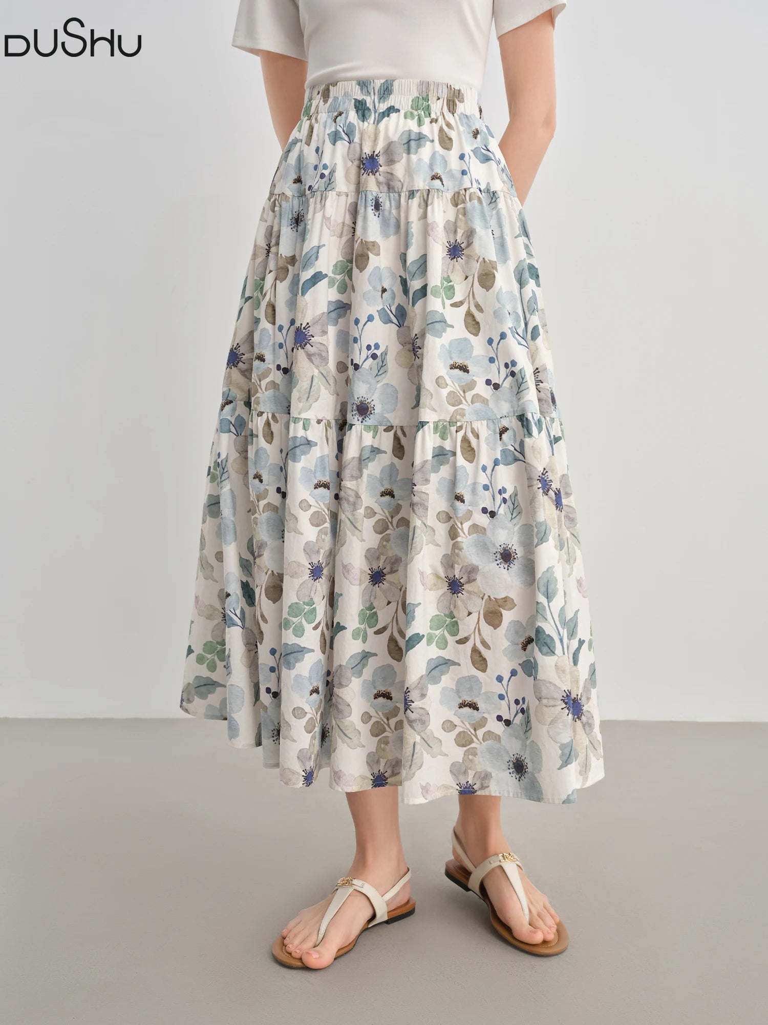 DUSHU Plus-Size Women's Empire-Waisted Floral Print A-Line Cotton Skirt - Summer 2025 New Style Slimming Design Skirt 25DS82576
