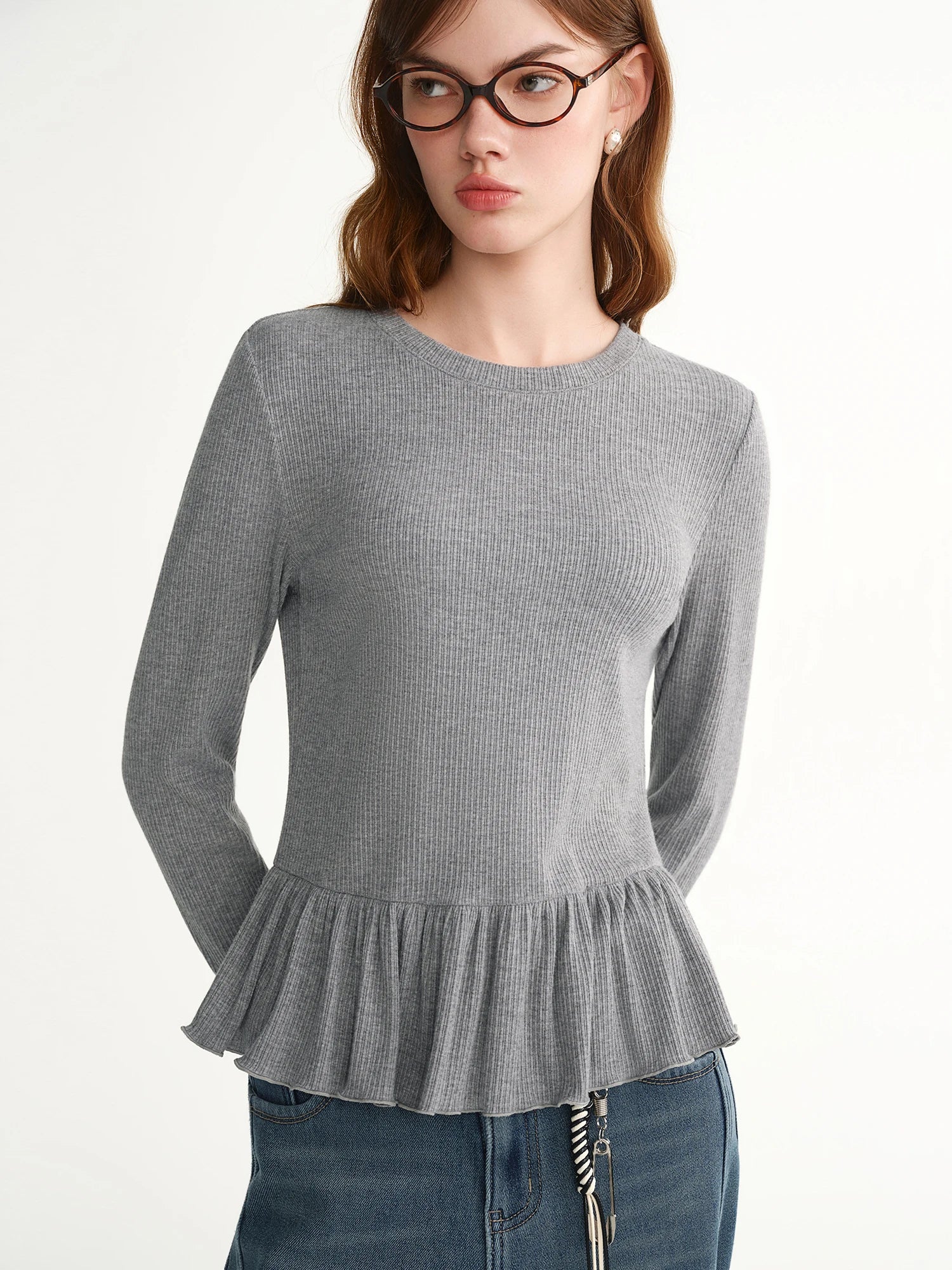 DUSHU 2025 Winter Plus Size Ruffle Trim Round Neck Knit Top Women's Slimming Baselayer Turtleneck Casual Blouse Casual Looks