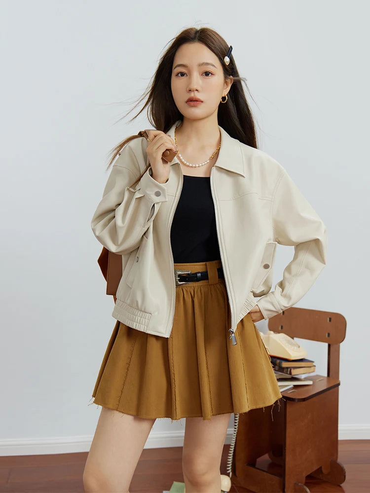DUSHU Classic Jacket Leather Coat Autumn 2023 New Slim Retro Hong Kong Style Lapel Casual Leather Coat Women Casual Loose Coats