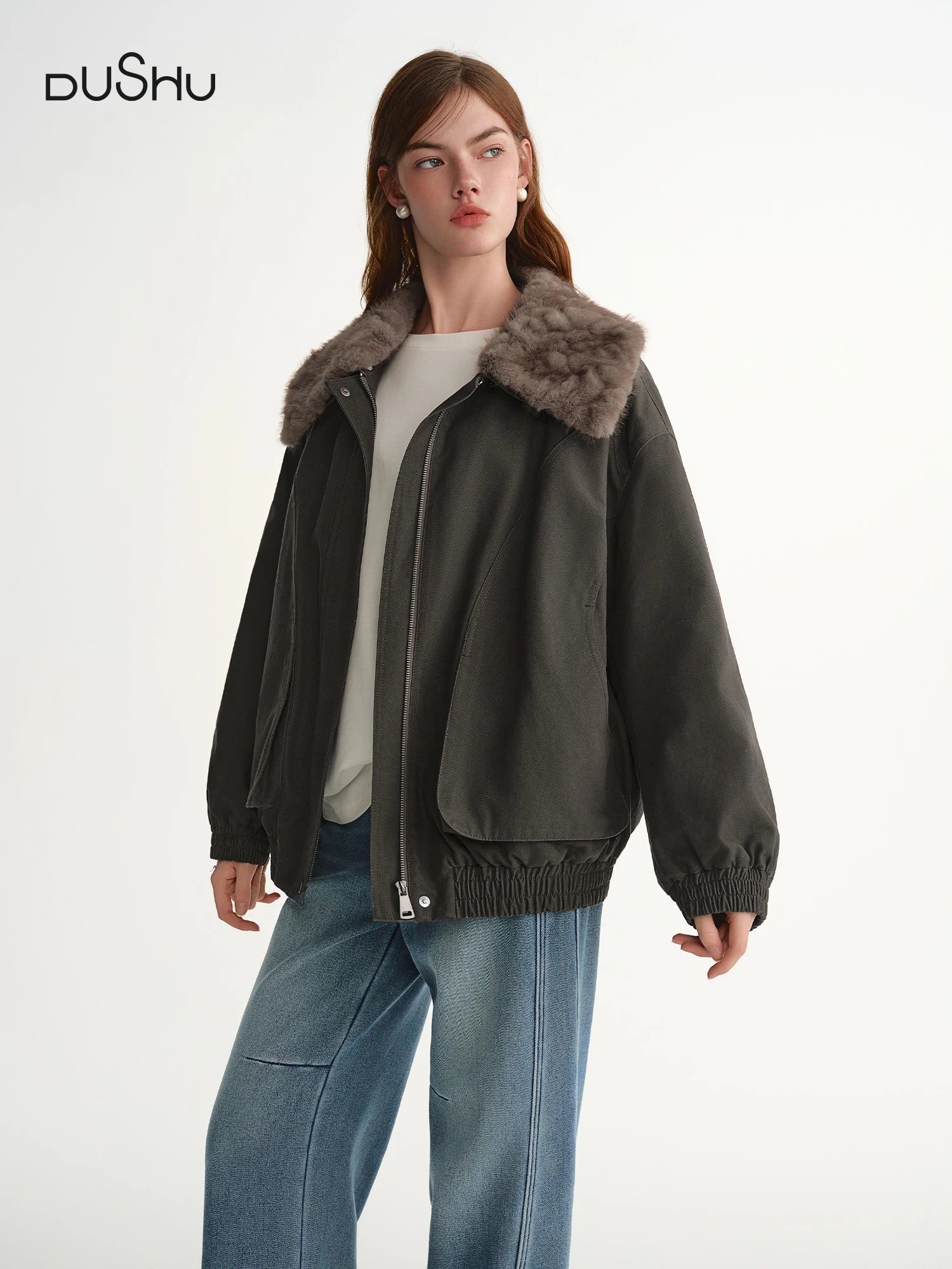 DUSHU 2025 Winter Women's Detachable Faux Fur Collar Utility Down Jacket - Warm Parka Coat with Multiple Pockets for Outdoor