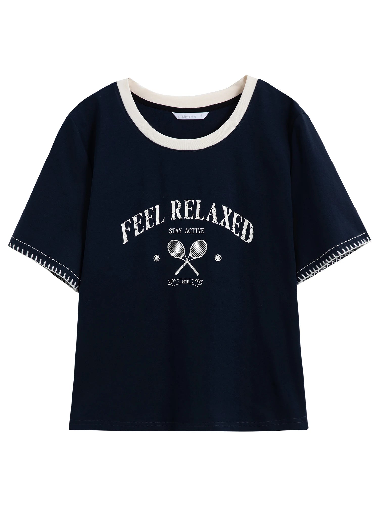DUSHU 2025 Summer Women's Vintage Contrast-Stitch Round Neck Tee - Relaxed Fit & Breathable Cotton Blend for Casual Chic Style