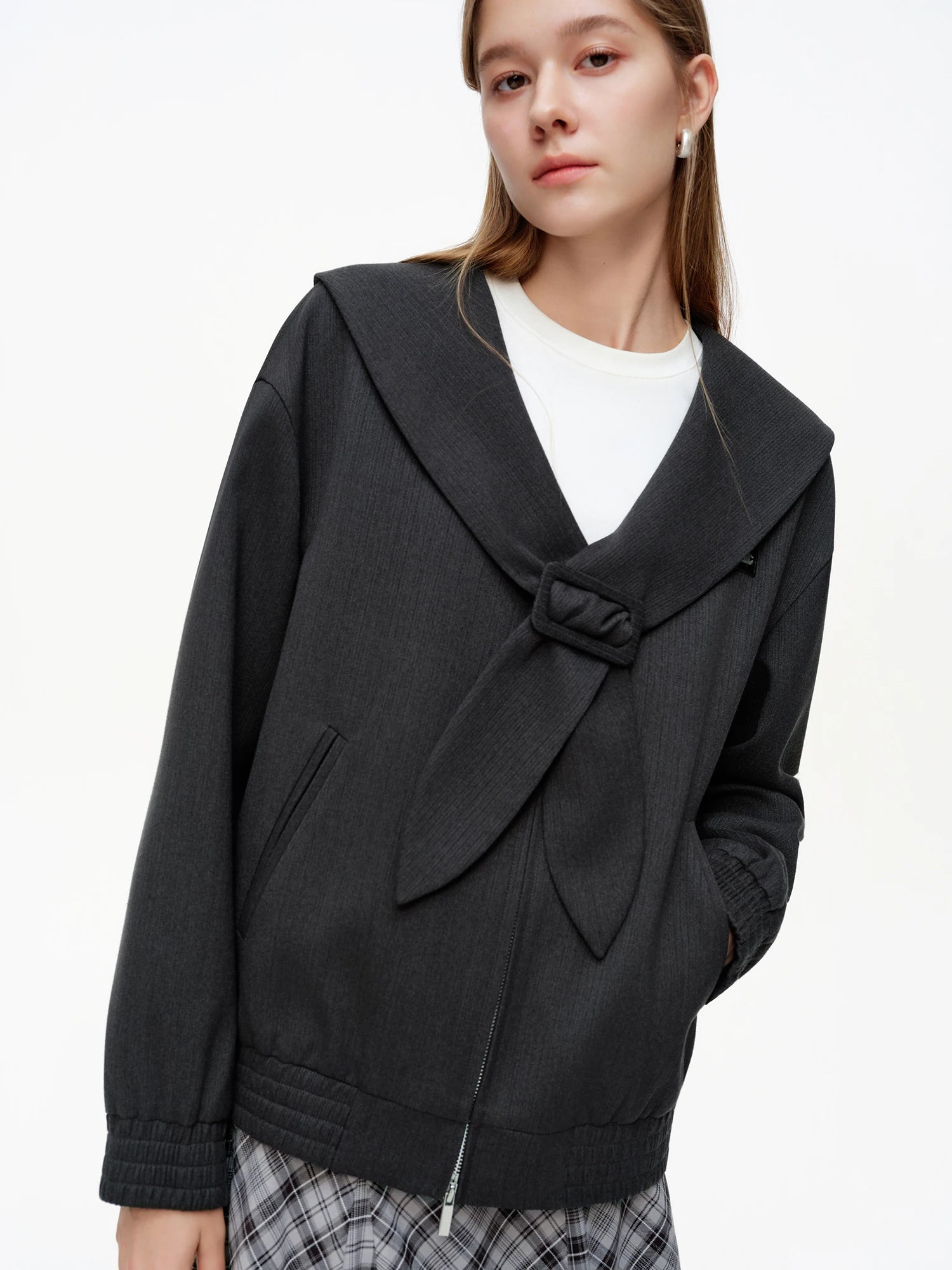 DUSHU Women's Nautical Collar Drop Shoulder Jacket 2026 Spring Oversized Slim Outerwear Zipper Coats Age-reducing Japanese Style