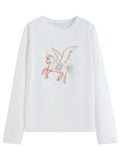 DUSHU 2026 Spring Women's Embroidered Long Sleeve T-shirt - Loose Fit Top with Artistic Pattern for Casual and Daily Use