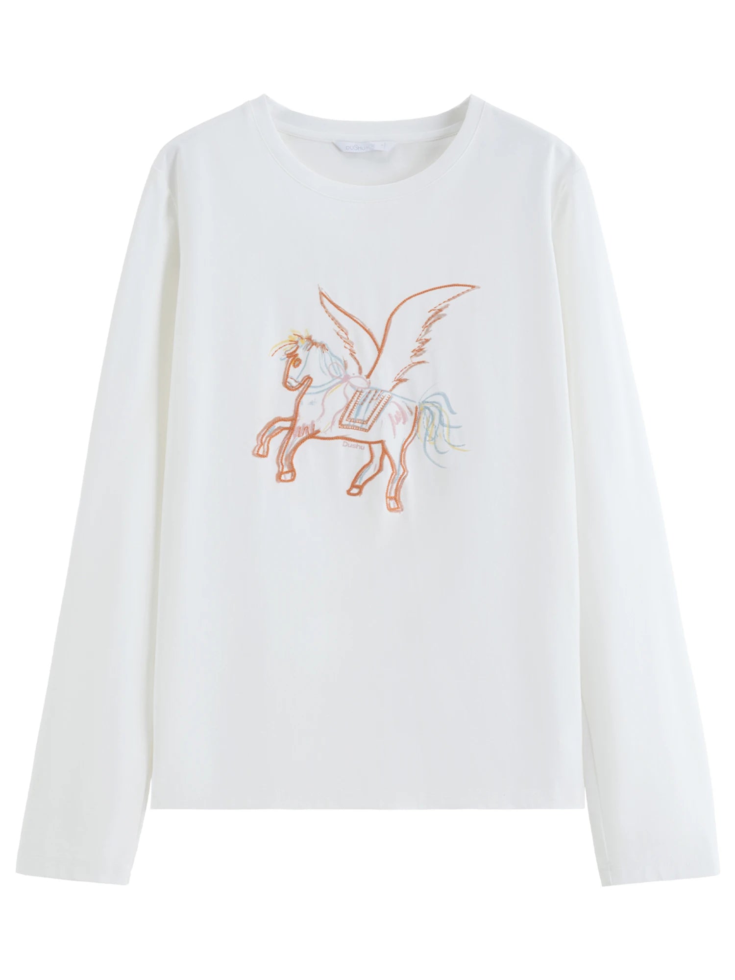 DUSHU 2026 Spring Women's Embroidered Long Sleeve T-shirt - Loose Fit Top with Artistic Pattern for Casual and Daily Use