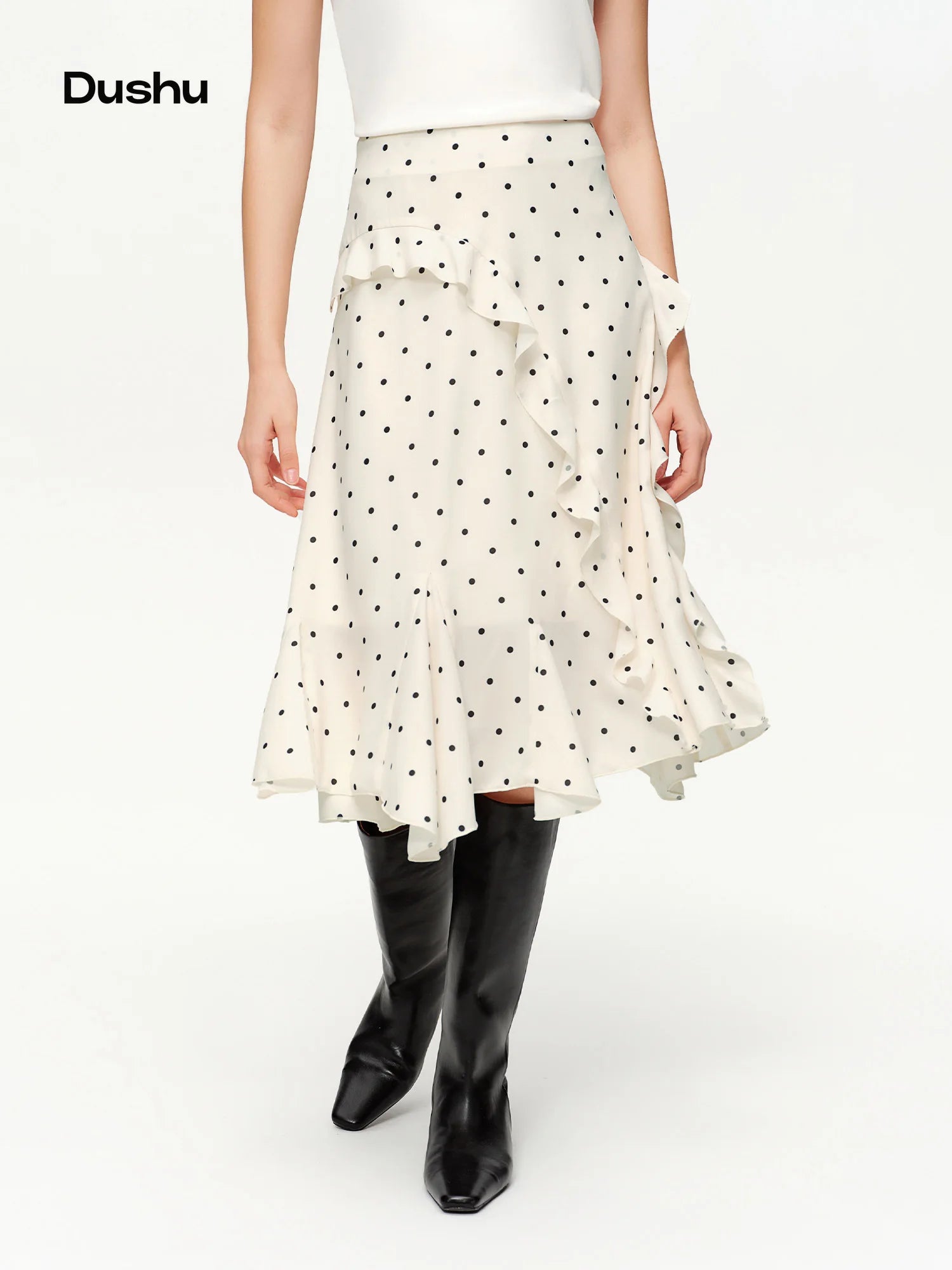 DUSHU Irregular Ruffle Polka Dot Midi Skirt New Spring High-waisted A-line Skirt for Commuting Knee-length Trendy Korean Style