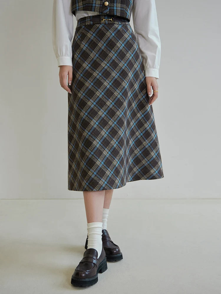 DUSHU Women Brown Blue Plaid British Style Vest Skirt Sets Camisole Long A-LINE Skirts Office Lady Thicken 5.4% Wool Set