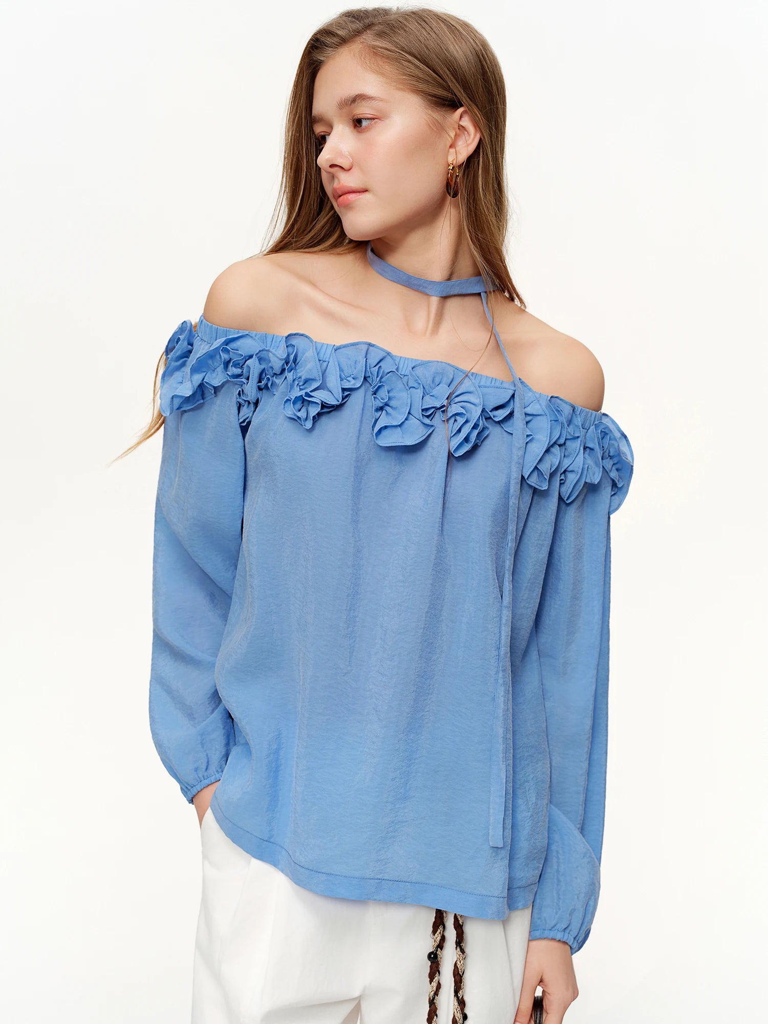 DUSHU 2026 Spring New Arrival Women's Off Shoulder Blouse, 3D Flounce Trim Cupro Top for Y2K Retro Soft Touch Style Chic Shirt