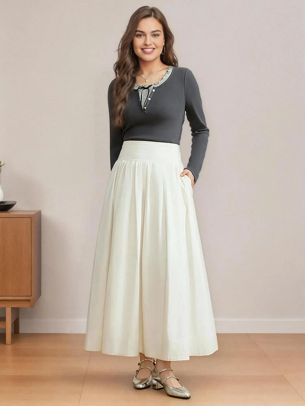 DUSHU Plus Size Women's Clothing Exposed Line Wide Waist Umbrella Skirt 2025 Elegant All-match Chic High Waist Skirt 25DS81137