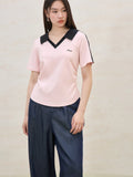 DUSHU Women Summer V-Neck Turn-down Collar Pink T-Shirt Letter Printing Female Slim Cotton Short Sleeve Tops Beige Tee 25DS82118