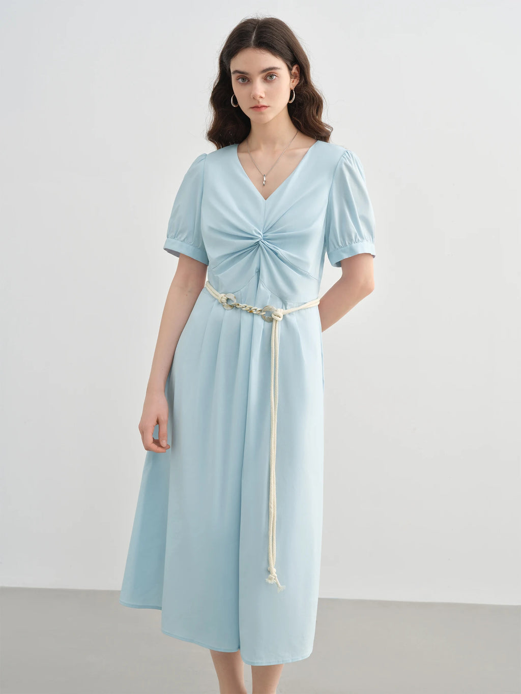 DUSHU 2025 Summer Plus-Size French-Inspired Textured Dress - Elegant Puff Sleeves & Waist Twist Design 25DS82299