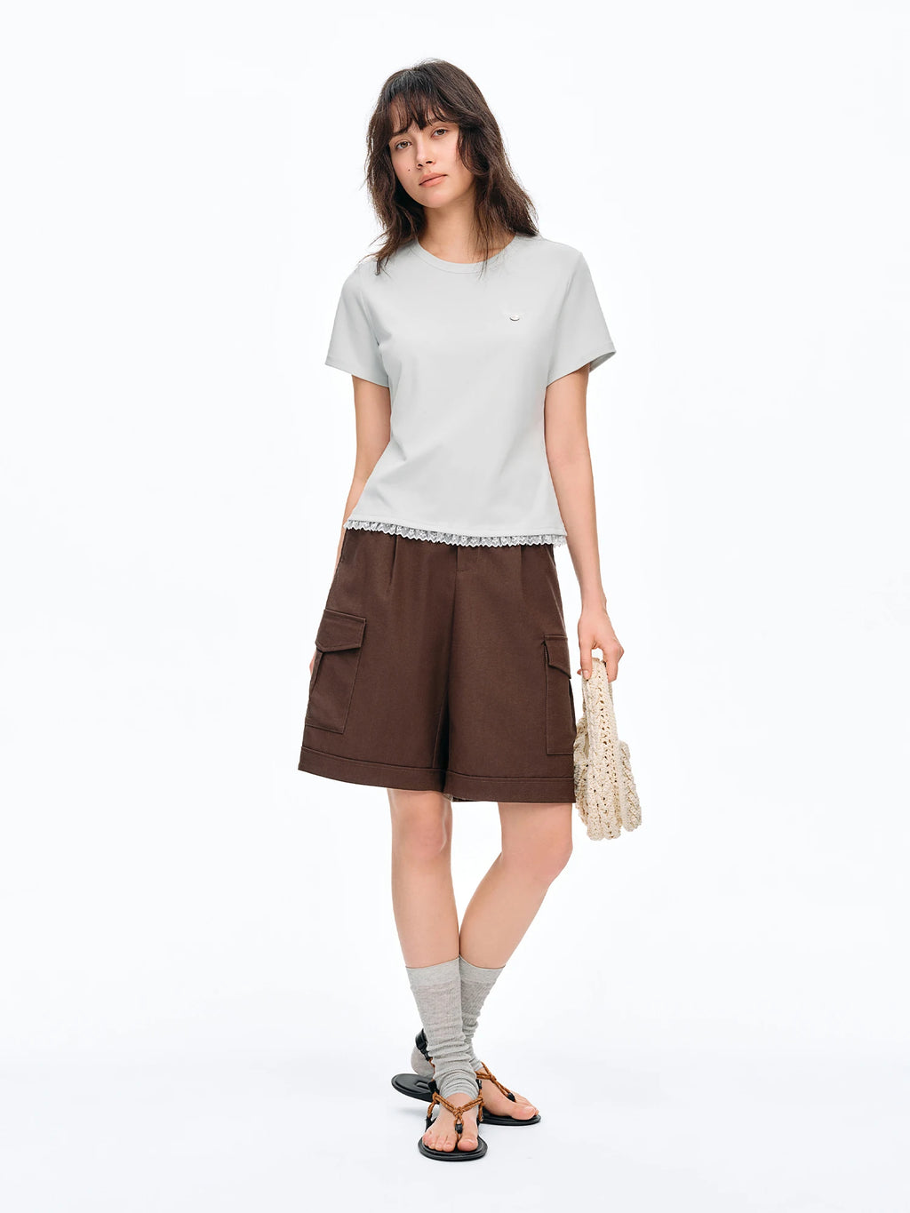 DUSHU Short-sleeved Slim-fit T-shirt New Summer 2026 Style Simple and Slimming Round Neck Top Basics Lace Design Ins Soft