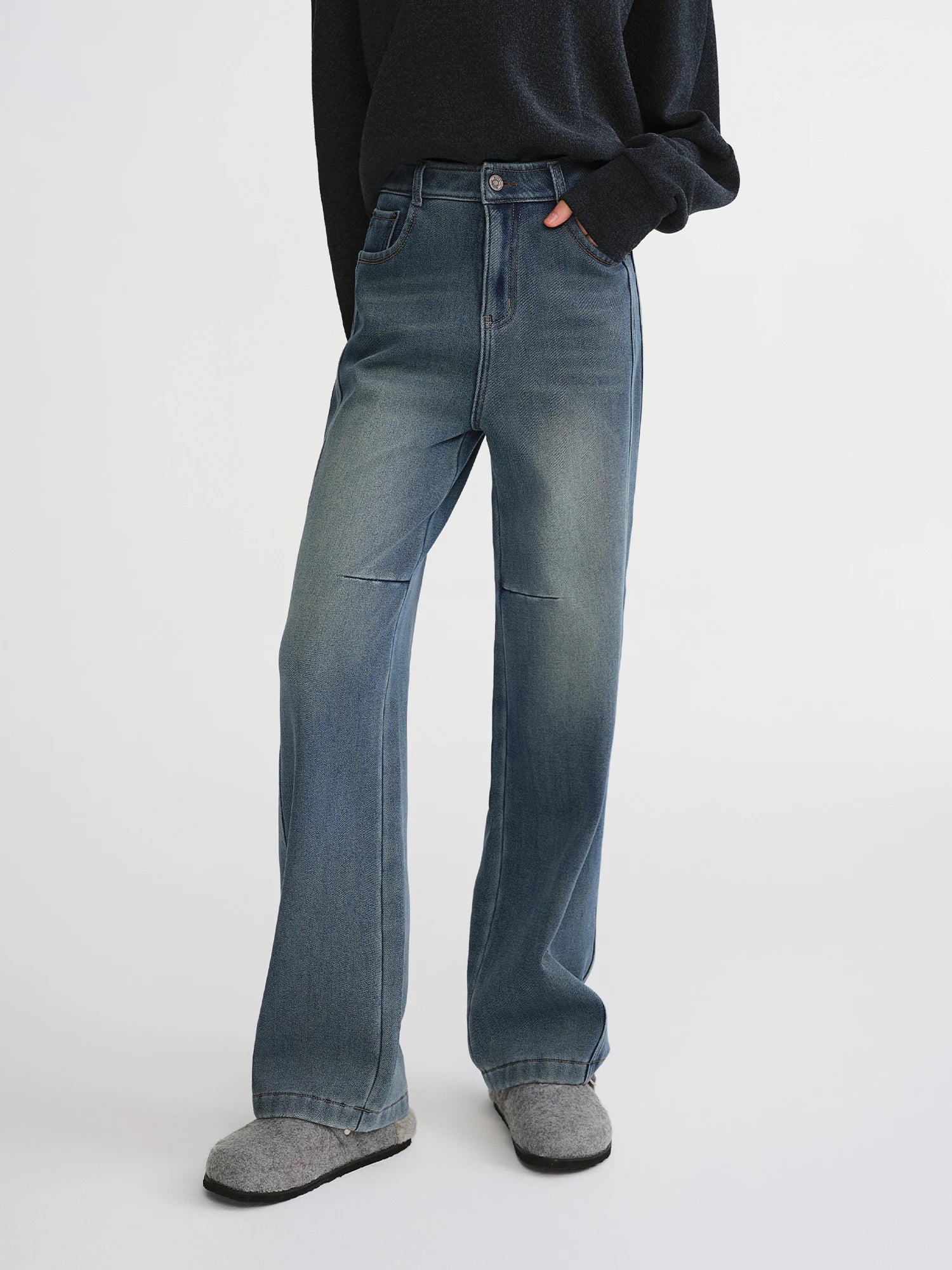 DUSHU Plus-Size Women's Fleece-Lined High-Waisted Jeans Flattering Winter Commute Outerwear Pants 2025 New Arrival Thick Jeans