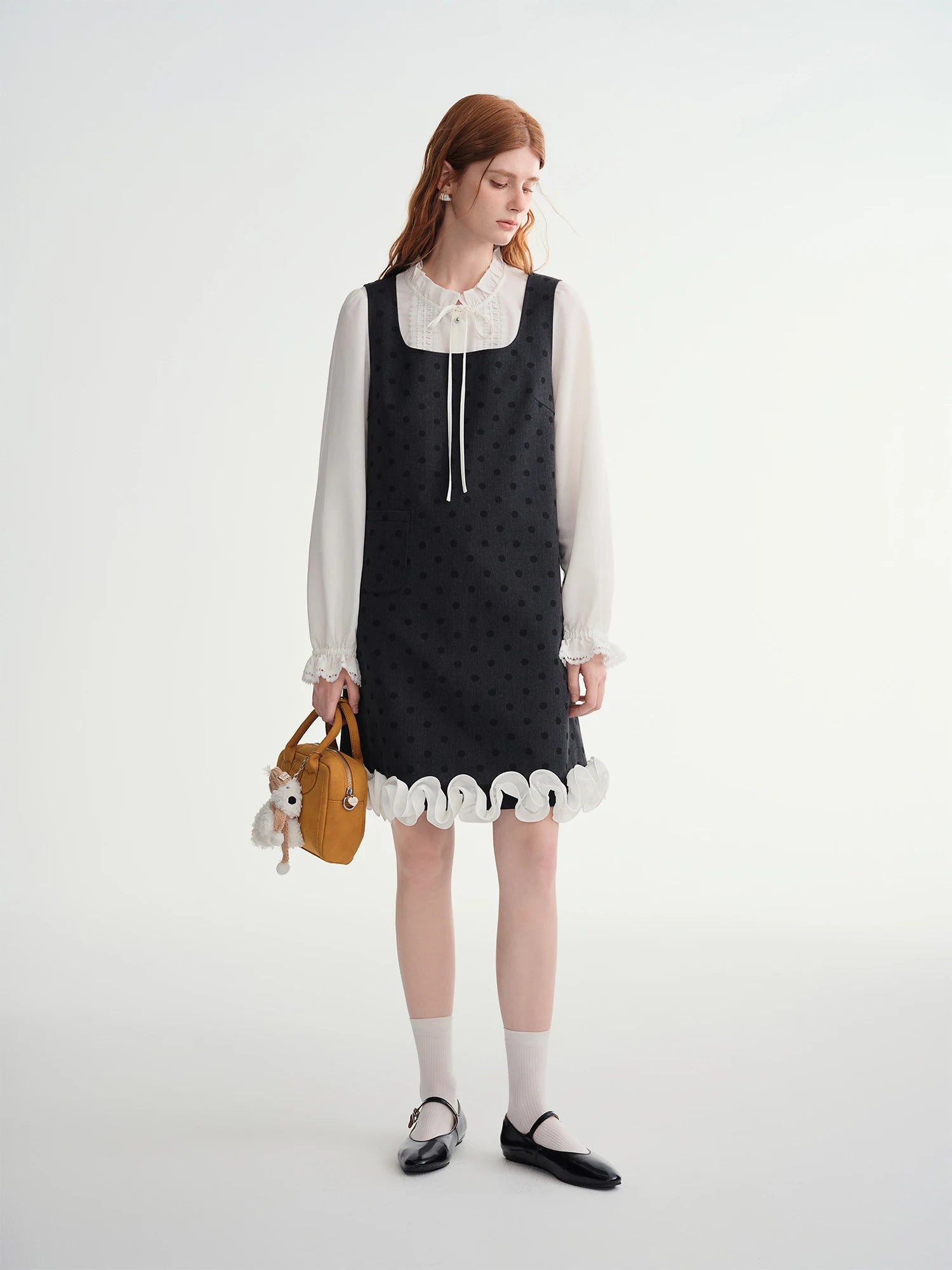 DUSHU Polka Dot Print Contrast Color Lace Trim Sleeveless Dress Women 2025 Winter New Arrival Casual Party Wear Vest Dress