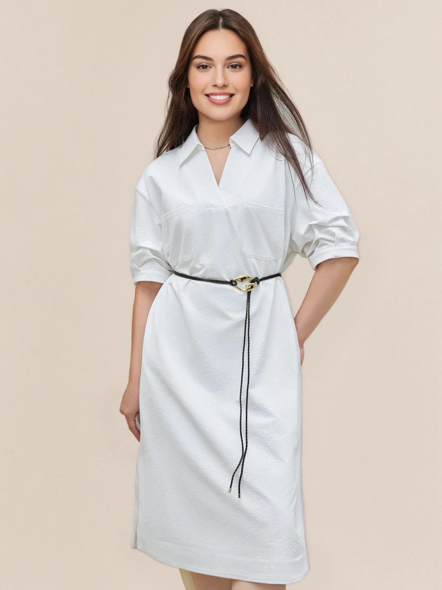 DUSHU Plus Size Women Minimalist V-neck Pleated Sleeve Dress 2025 Summer New Temperament Commuting Workplace Wear 25DS82356