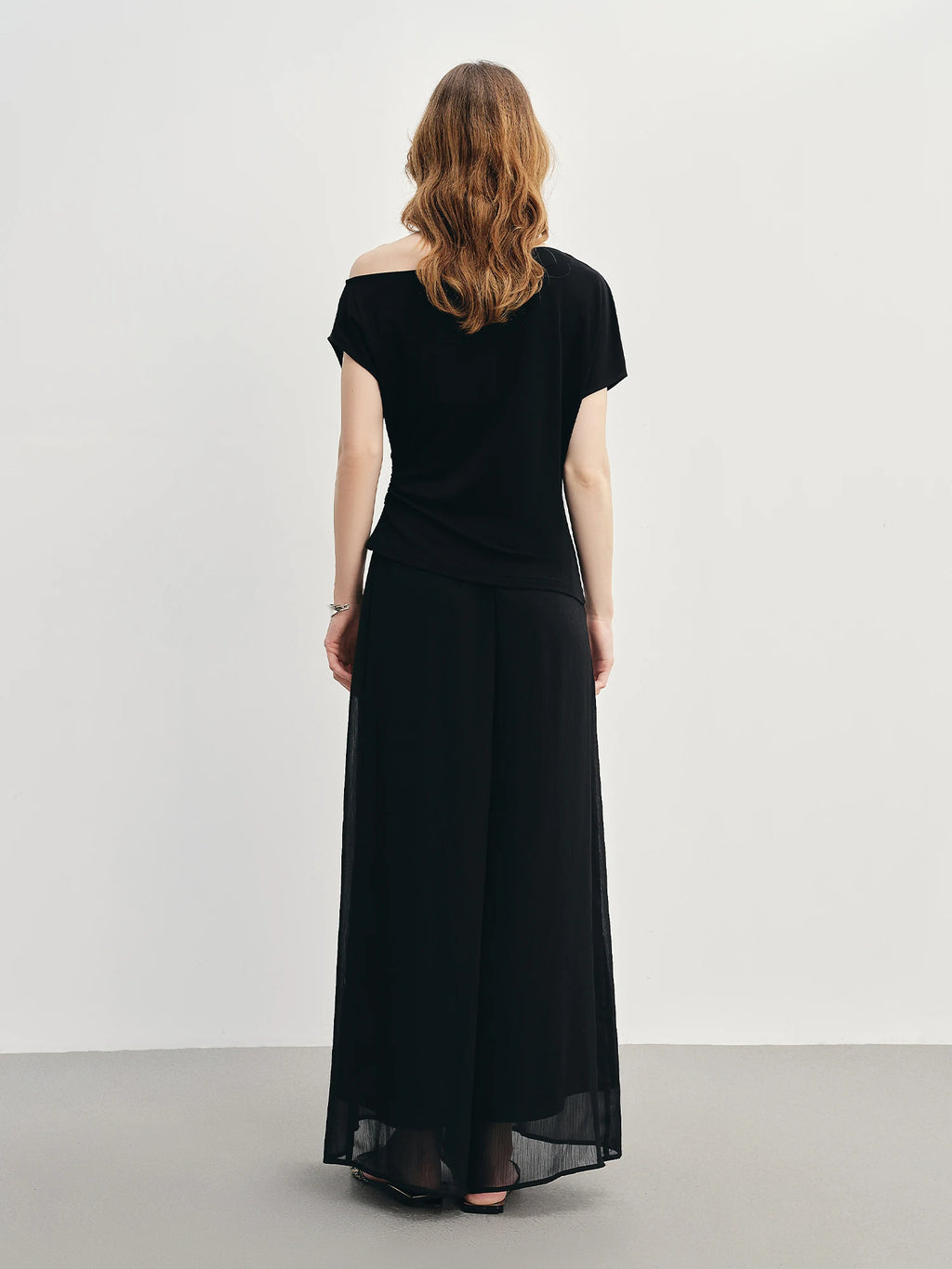 DUSHU Summer 2025 Acetate T-Shirt - Off-Shoulder Draped Neck Waist Tucks Slim Fit Casual Top Women Fashion
