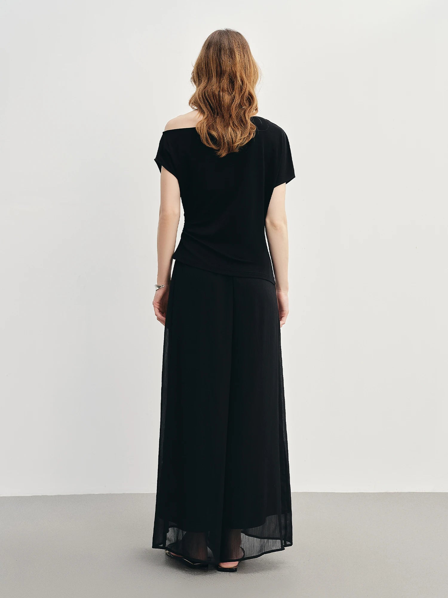 DUSHU Summer 2025 Acetate T-Shirt - Off-Shoulder Draped Neck Waist Tucks Slim Fit Casual Top Women Fashion