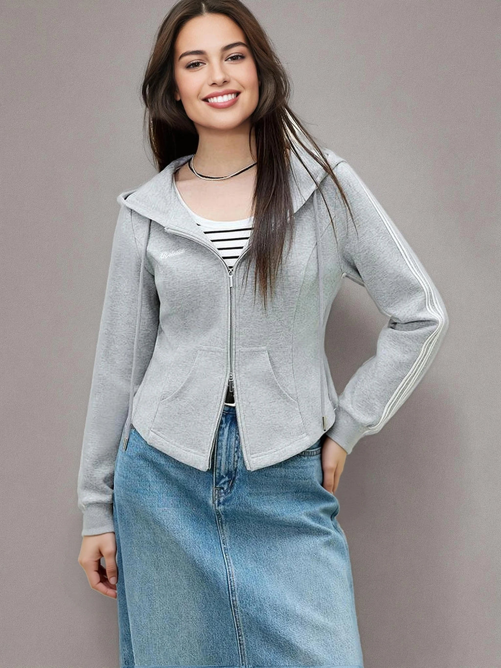 DUSHU Plus Size Women's Hooded Slim Fit Hoodie Jacket for Spring 2025 New Casual Double Zipper Top Loose Jacket 25DS81123