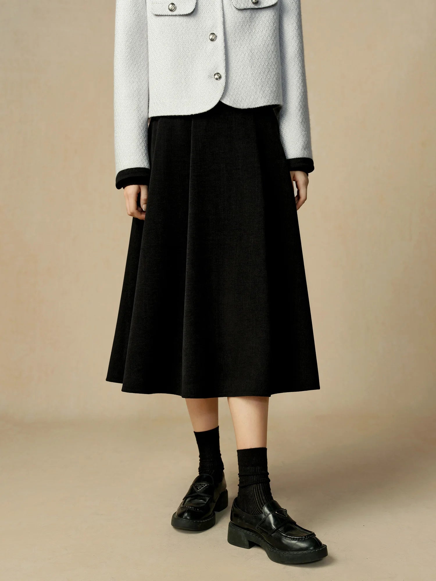 DUSHU Women Blue Tweed Jacket Gentle Style Short Round Neck Coat Back Elastic Waist Black Thick Winter Skirt 24DS84493+24DS84566
