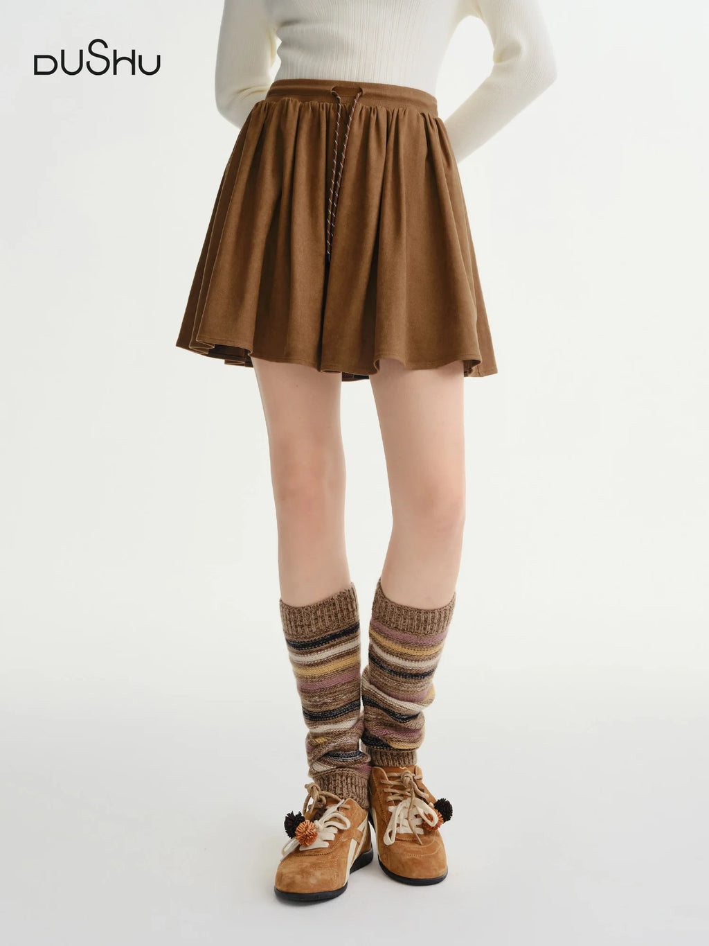 DUSHU Plus-Size Women 'Hazelnut Profiterole' Drawstring High Waisted Mini Skirt Stylish 2025 Winter Retro Slimming Half Skirt