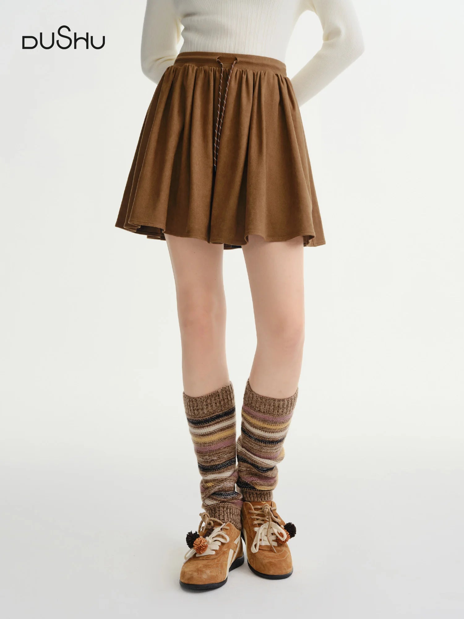 DUSHU Plus-Size Women 'Hazelnut Profiterole' Drawstring High Waisted Mini Skirt Stylish 2025 Winter Retro Slimming Half Skirt