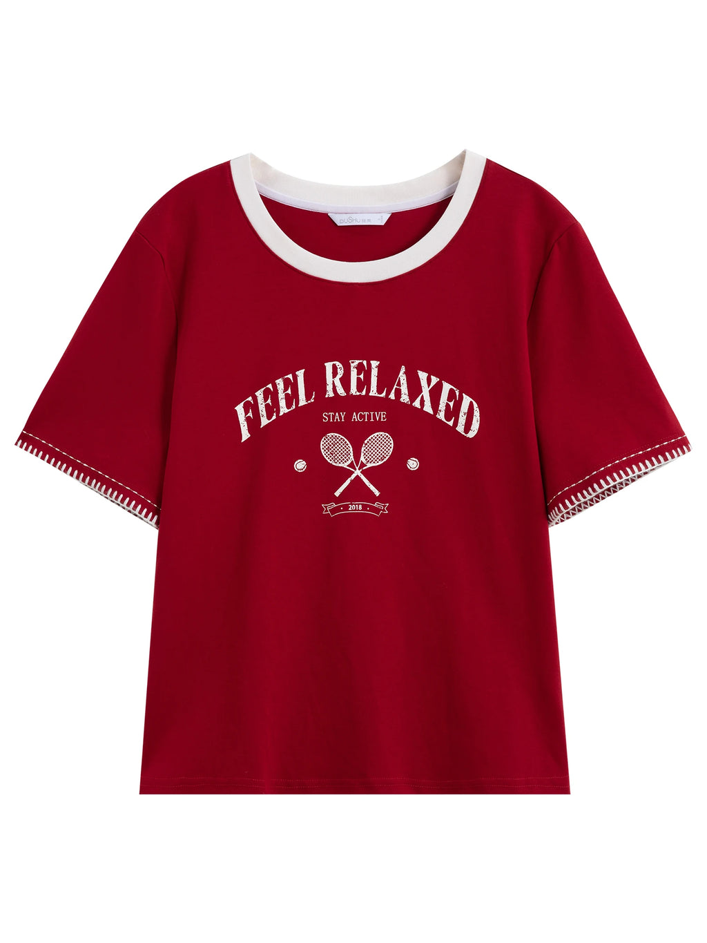 DUSHU 2025 Summer Women's Vintage Contrast-Stitch Round Neck Tee - Relaxed Fit & Breathable Cotton Blend for Casual Chic Style