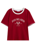DUSHU 2025 Summer Women's Vintage Contrast-Stitch Round Neck Tee - Relaxed Fit & Breathable Cotton Blend for Casual Chic Style
