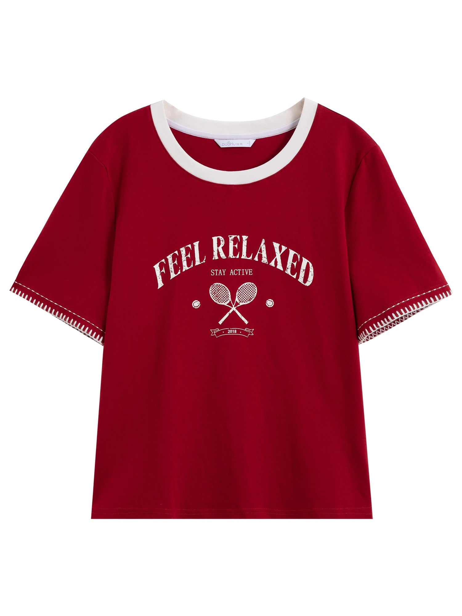 DUSHU 2025 Summer Women's Vintage Contrast-Stitch Round Neck Tee - Relaxed Fit & Breathable Cotton Blend for Casual Chic Style