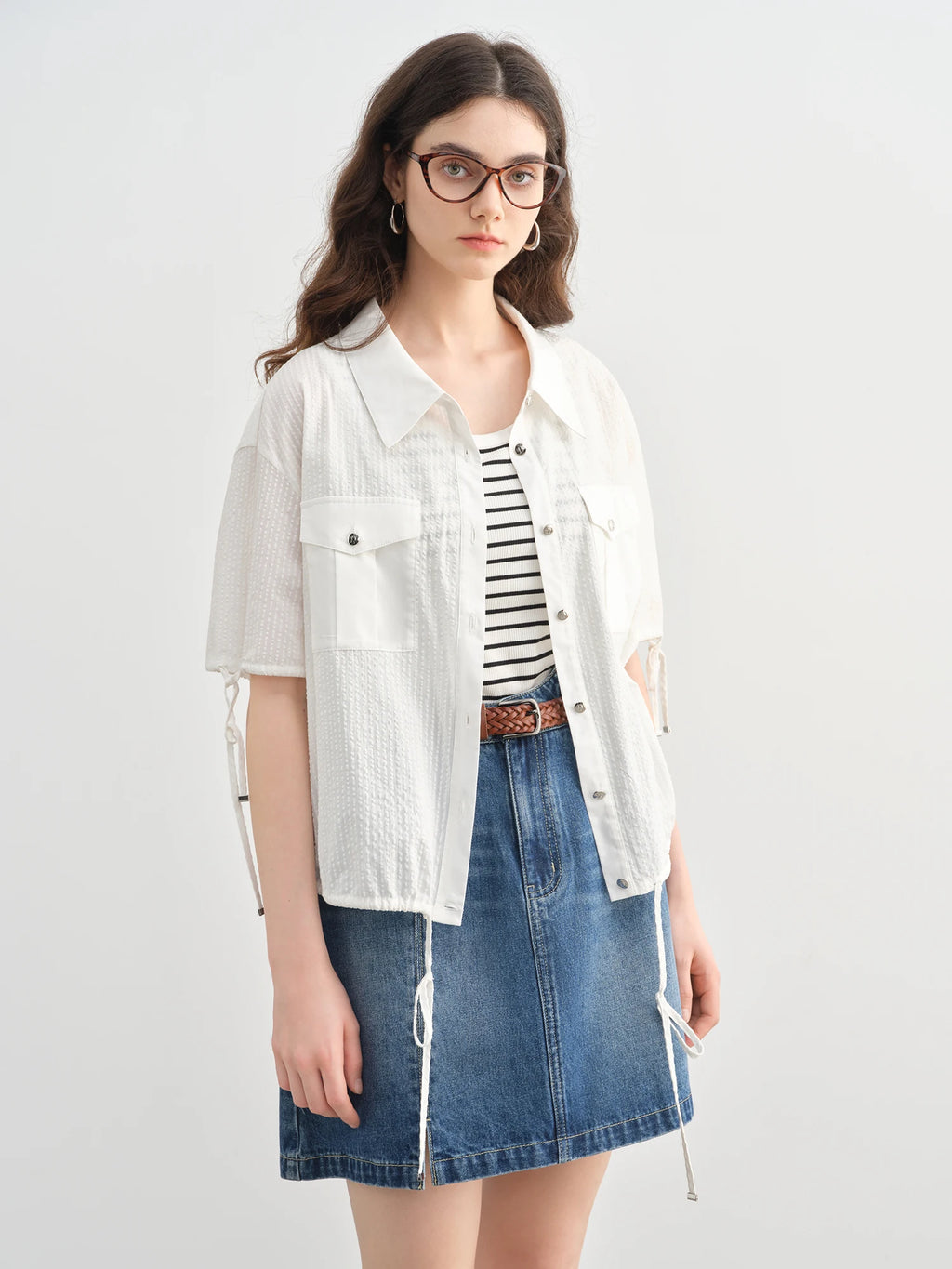 DUSHU Plus-Size Women's Workwear-Style Drawstring Short-Sleeve Shirt - Summer 2025 New Commuter Fashion Quality Feel 25DS82267