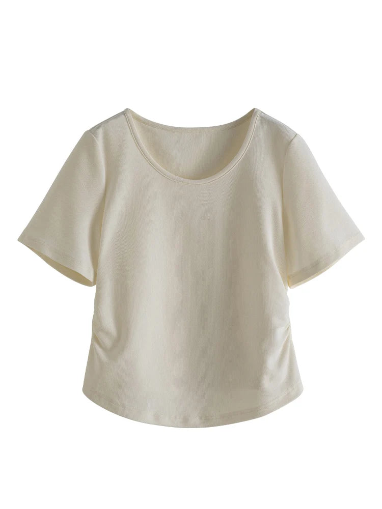 DUSHU Simple Round Neck Short-sleeved T-shirt for Women Summer New All-match Slim Thin Solid Color Short Top for Female