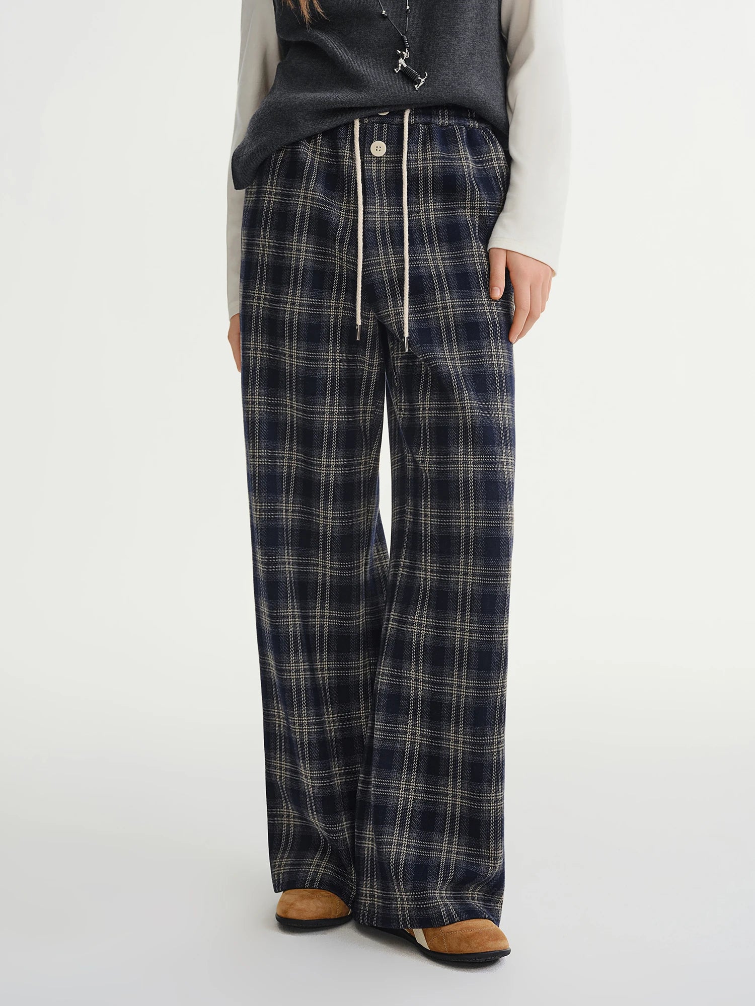 DUSHU 2025 Autumn Winter Women's Plaid Casual Trousers - Loose Fit with Drawstring Waist Retro Style for Everyday Comfort