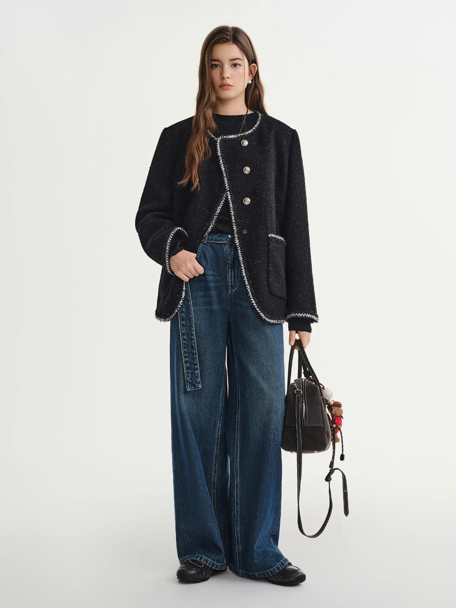 DUSHU Black Elegant Round Neck Jacket Winter New Wool Shoulder Short Jacket European Style Trendy Chic Commuting Office Simple