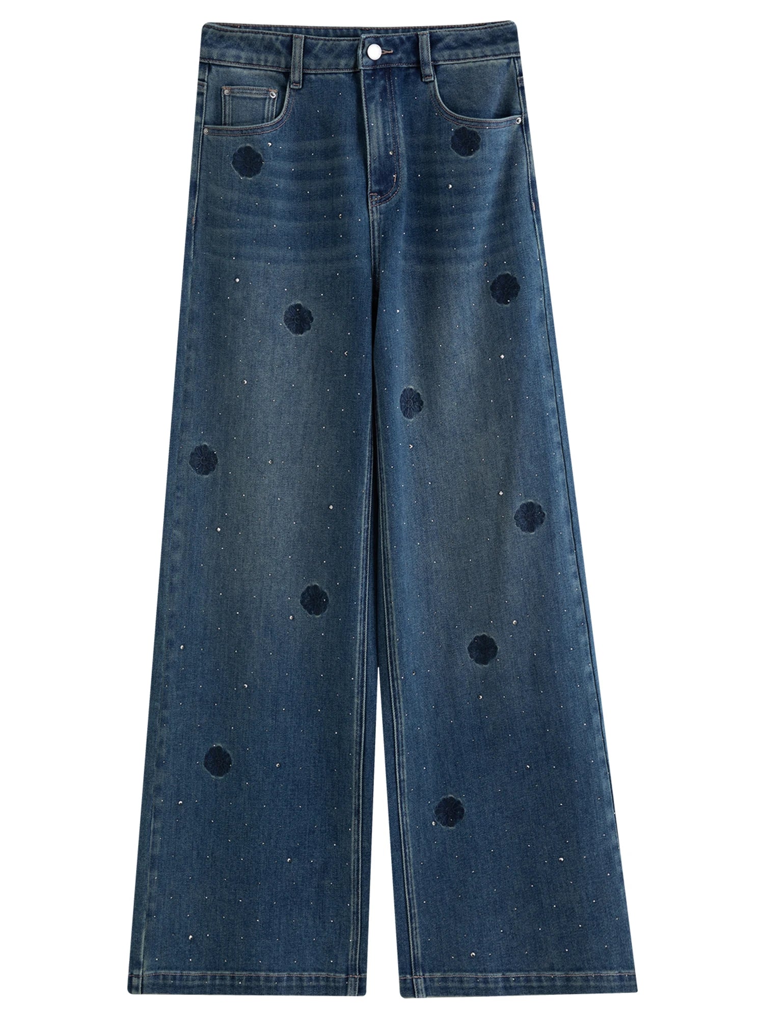 DUSHU 【Crinkle Diamond Denim】Vintage-Style Straight-Leg Jeans 2026 Spring New Arrival Slim-Fit Floor Lenghth Denim Blue Jeans