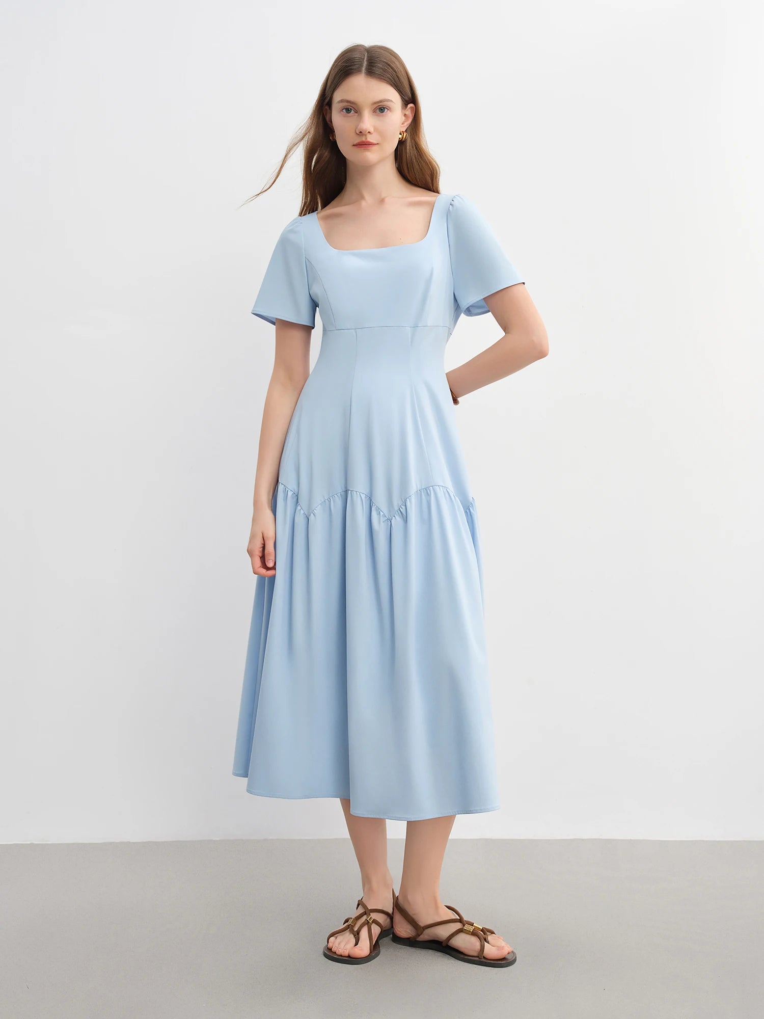 DUSHU Romantic Simple Dress 2025 Summer Dress Sky Blue Temperament Waist Slimming Dress 25DS82844