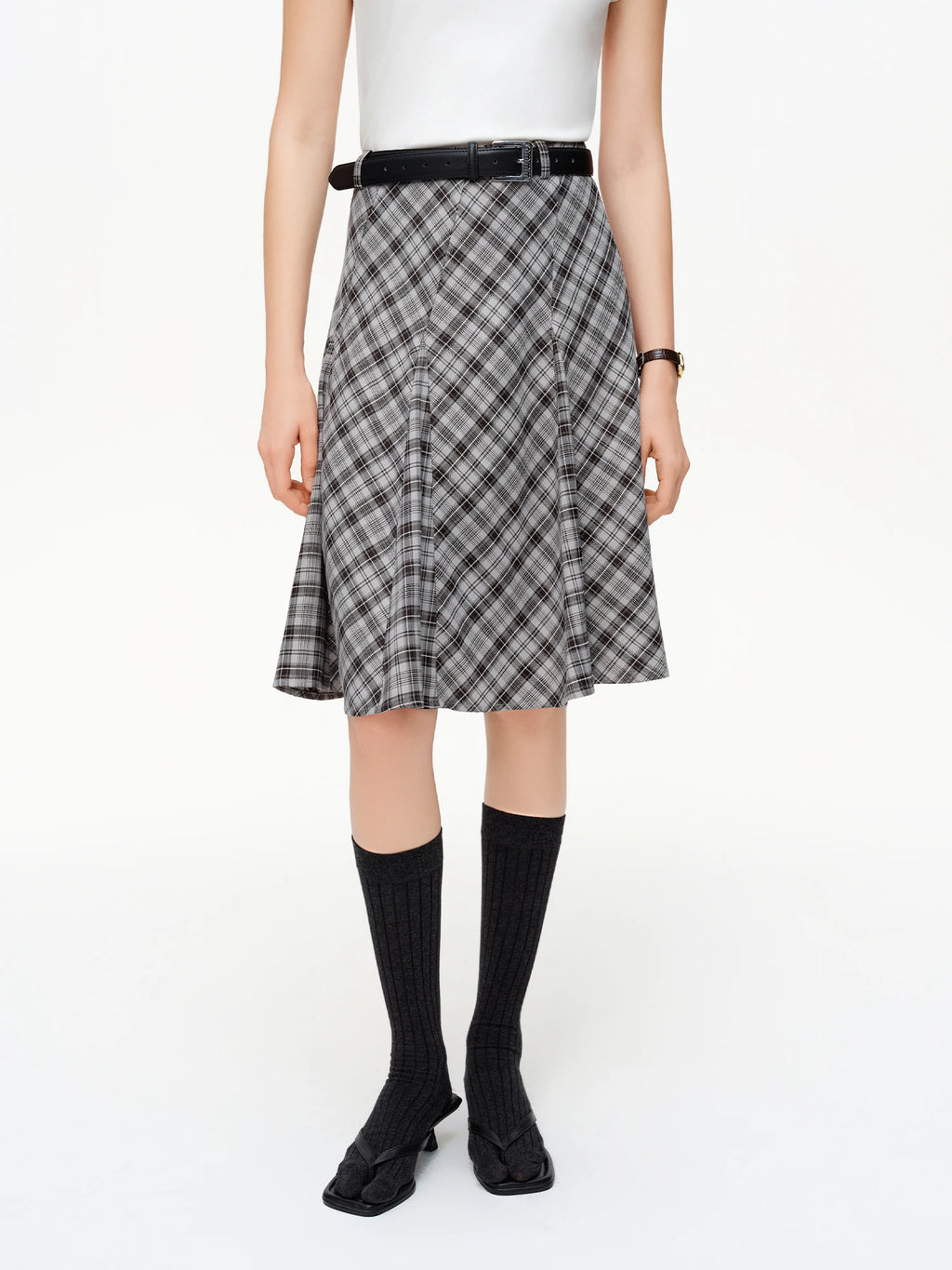 DUSHU Women's Plaid A-Line Midi Skirt 2026 Spring Diagonal Panel Slim Fit Preppy Style Retro Classic Irregular Design Commuting