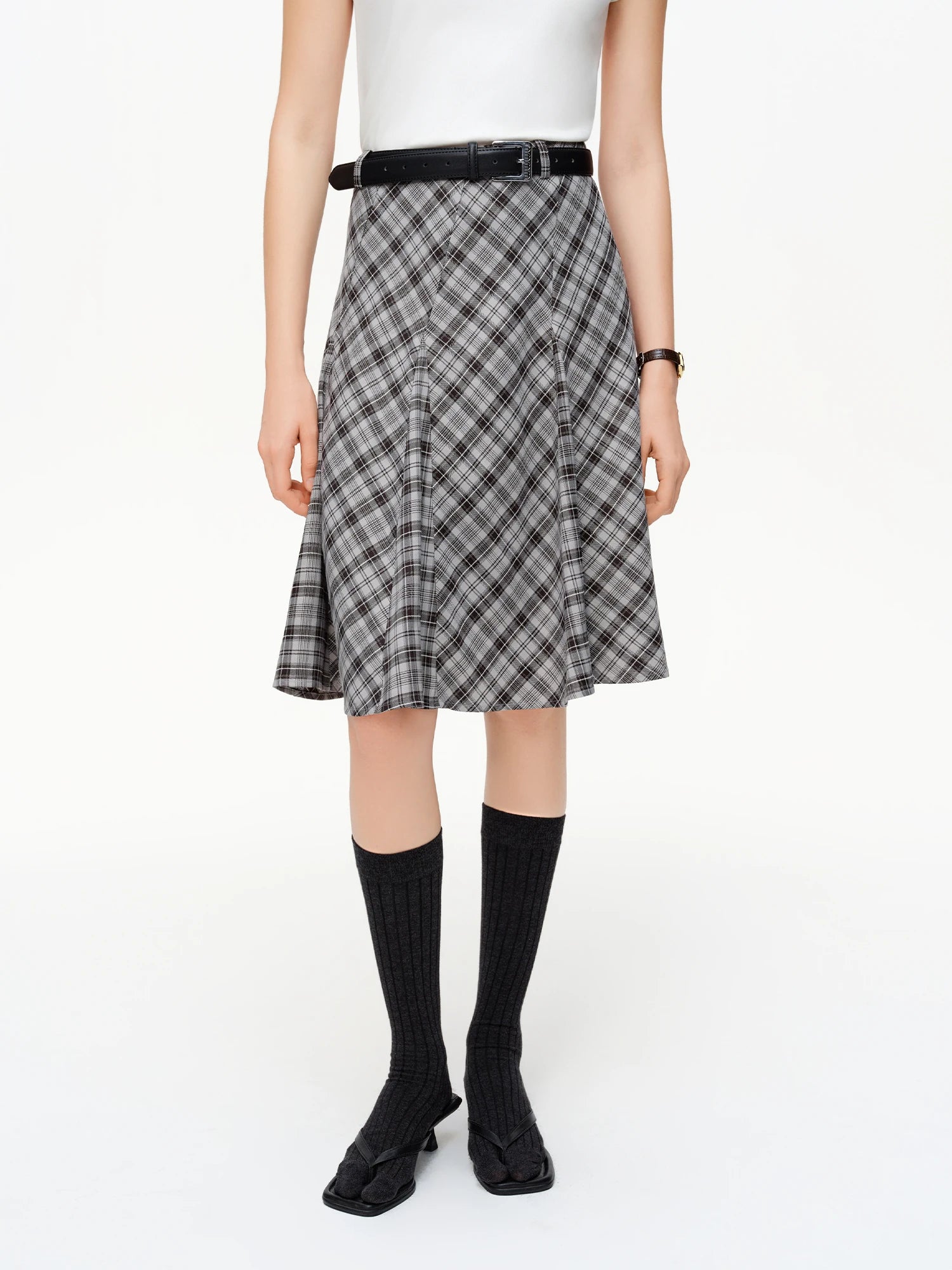DUSHU Women's Plaid A-Line Midi Skirt 2026 Spring Diagonal Panel Slim Fit Preppy Style Retro Classic Irregular Design Commuting