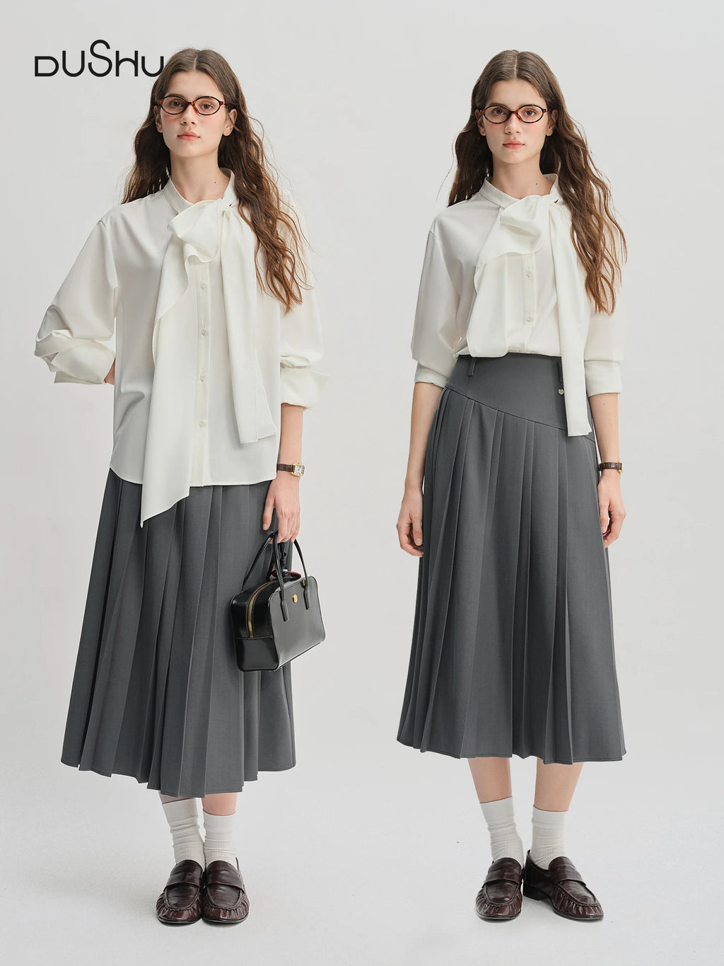 DUSHU Autumn 2025 Women's Ribbon Tie Blouse - Irregular Design Flowy Shirt with Tailored Fit for Office Casual
