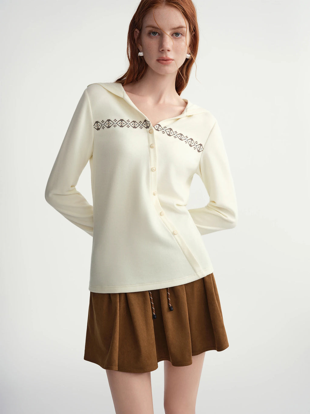 DUSHU Plus-Size Women's Soft Warm Touch Slanted Collar Embroidered Top with Attached Hood Winter 2025 New Arrival Long Sleeve