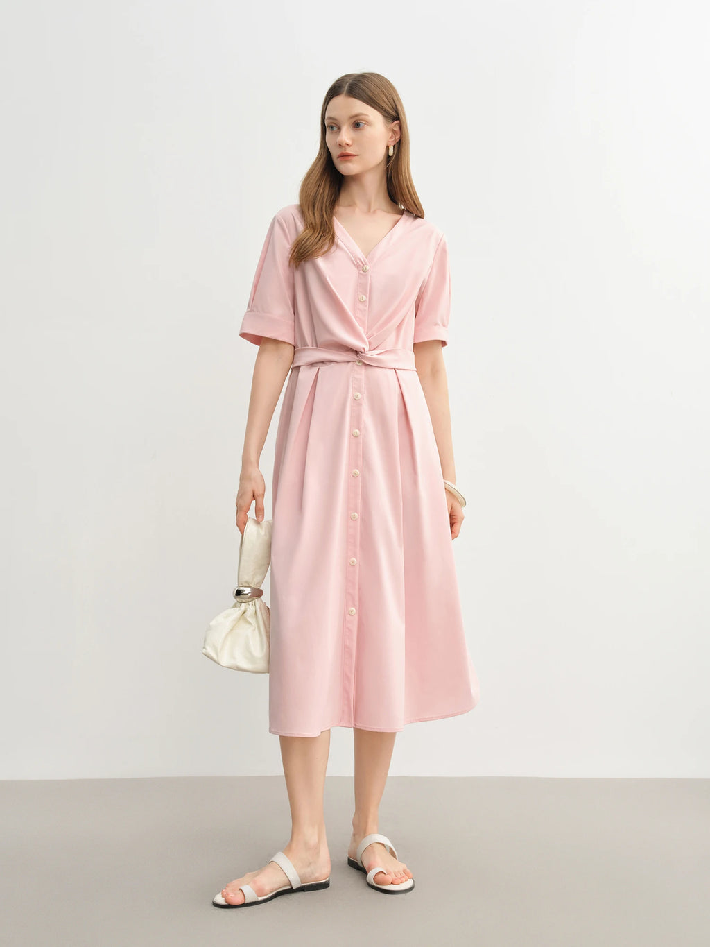 DUSHU Women's Simple Design Knot Pink Dress Plus Size Female 2025 Summer Dress French Style Elegant 25DS82367