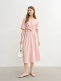 DUSHU Women's Simple Design Knot Pink Dress Plus Size Female 2025 Summer Dress French Style Elegant 25DS82367