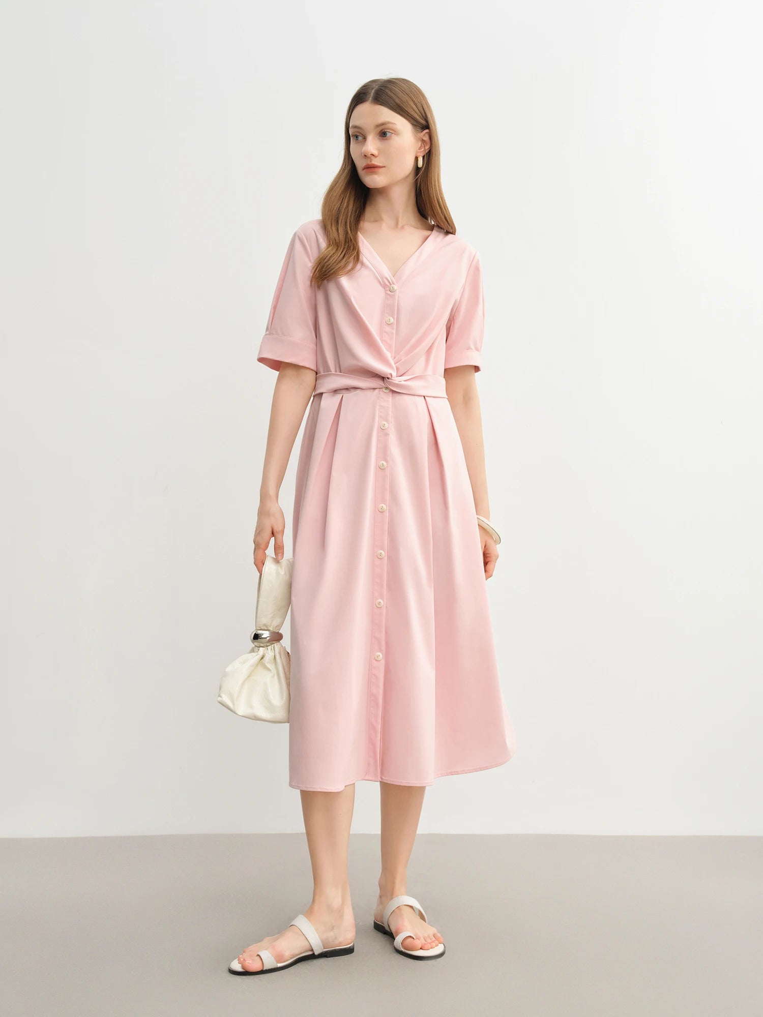 DUSHU Women's Simple Design Knot Pink Dress Plus Size Female 2025 Summer Dress French Style Elegant 25DS82367
