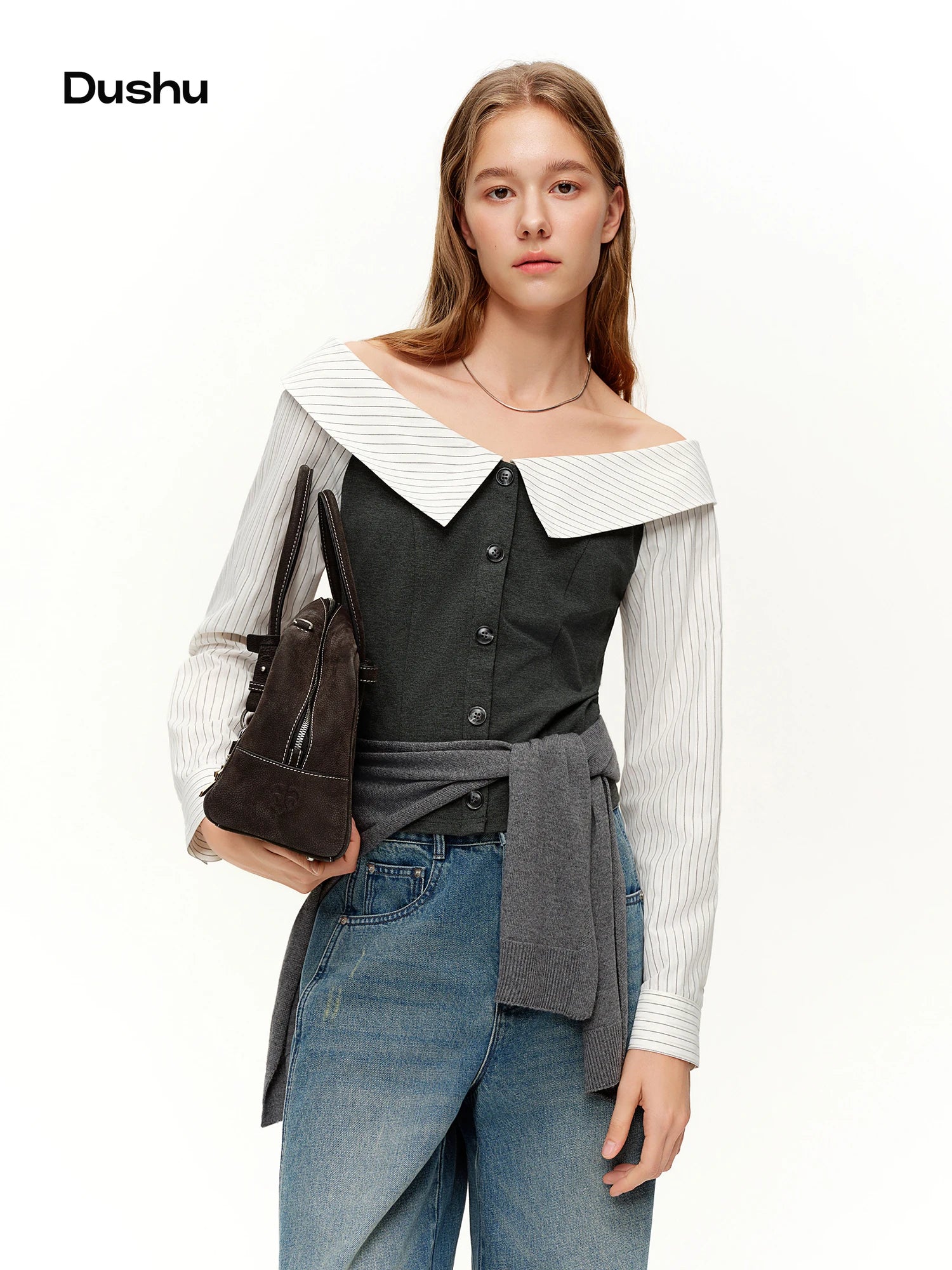 DUSHU 2026 Spring Women's Off-Shoulder Contrast Panel T-Shirt Waist-Defining Seam Ruffle Trim - Fashion Cropped Top for Casual