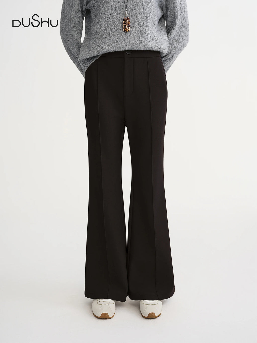 DUSHU Plus-Size Women's Contour Seam Fleece-Lined Bell-Style Winter Pants Winter 2025 New Arrival Black Casual Pants Everyday
