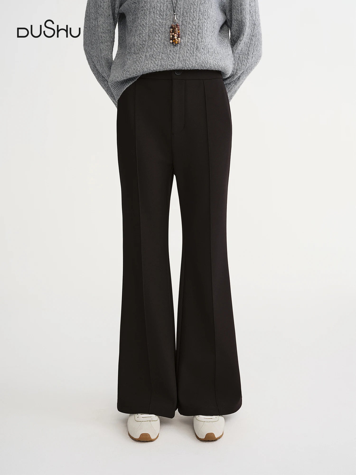 DUSHU Plus-Size Women's Contour Seam Fleece-Lined Bell-Style Winter Pants Winter 2025 New Arrival Black Casual Pants Everyday