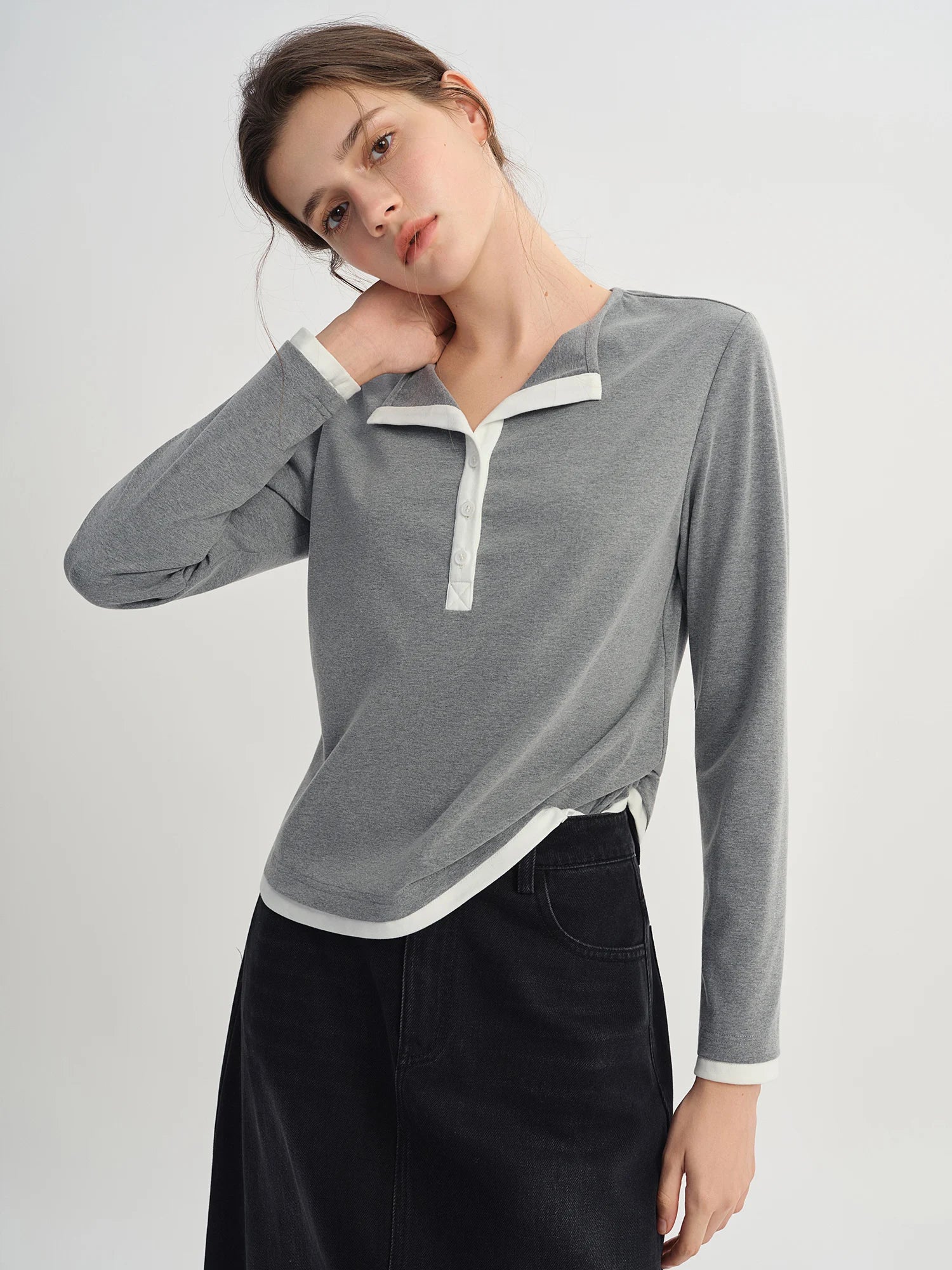 DUSHU Autumn 2025 Women's Long Sleeve T-Shirt - Contrast Colorblock Henley Neck Top with Breathable Fabric for Office Casual
