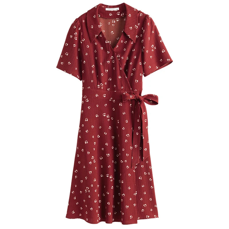 DUSHU Women Dress Summer Retro Red Floral Chiffon Dress Office Lady Short Sleeve A-LINE Skirt Clothes For Women Print Dresses