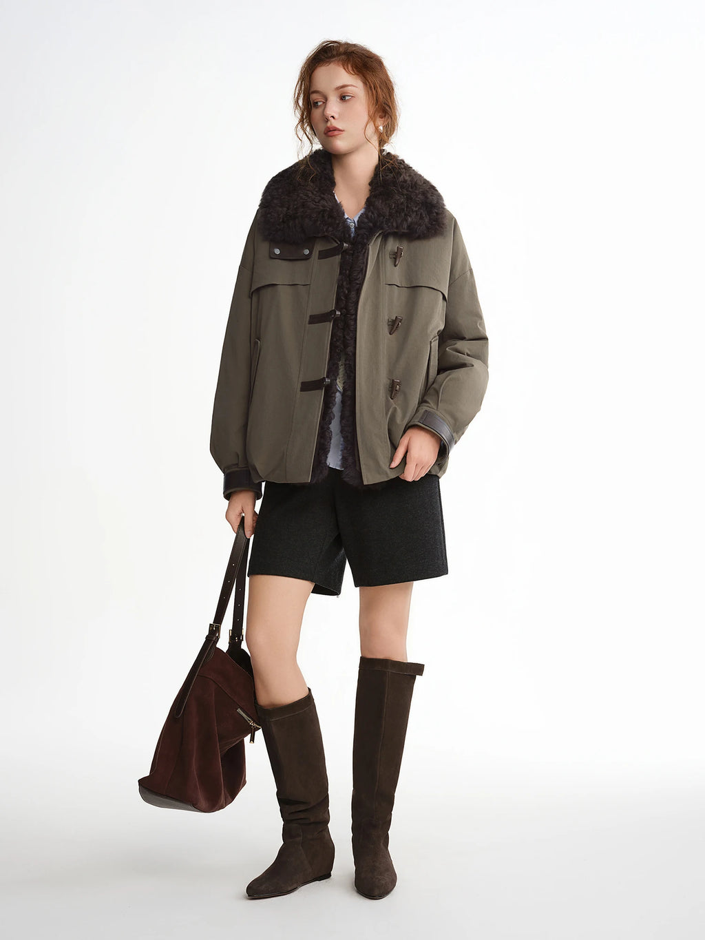 DUSHU【Lovely Christmas】2025 Winter Plus Size Block Faux Shearling Collar Short Puffer Coat Thick Lapel Hooded Cropped Jacket